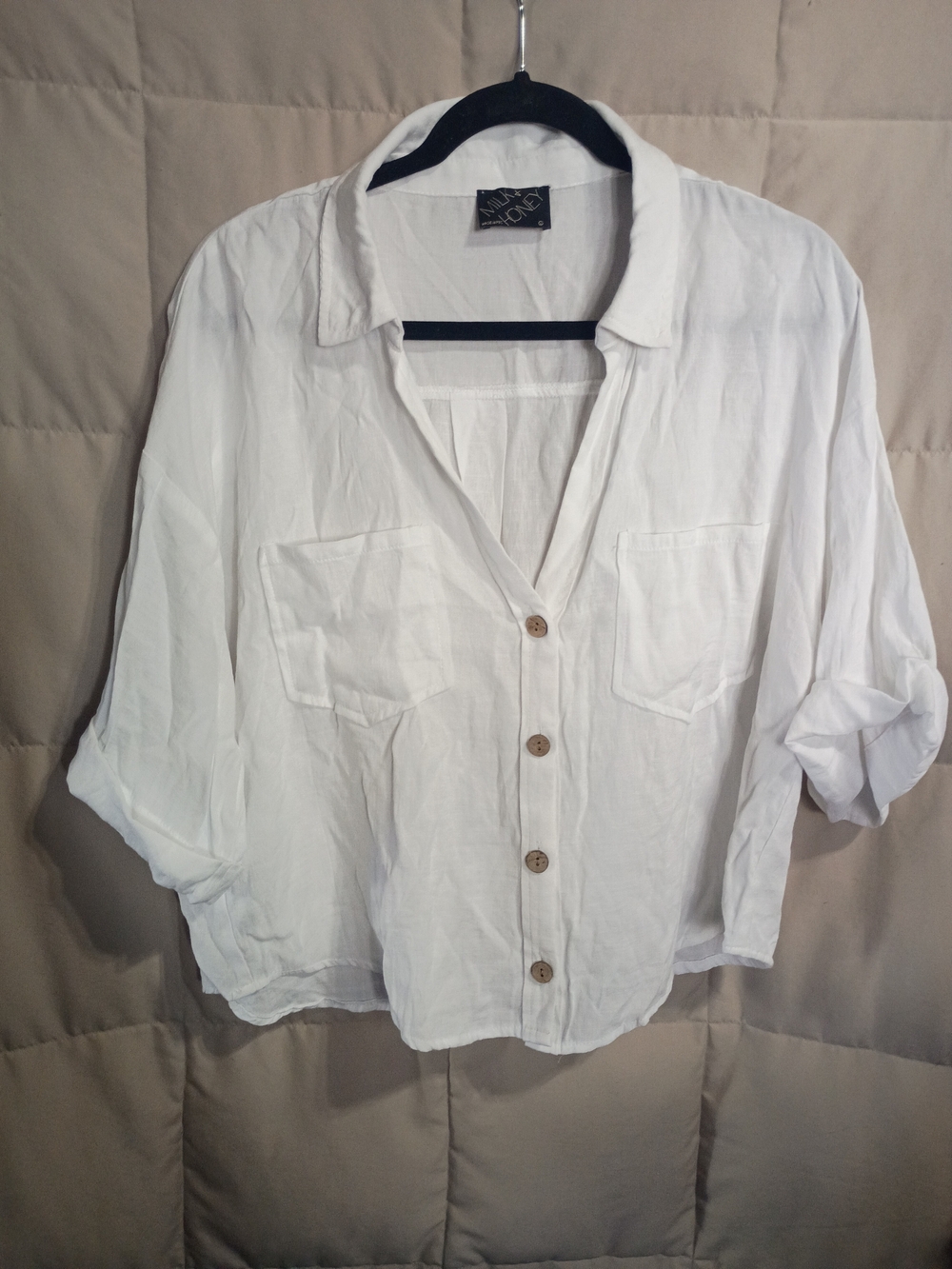 Relaxed White Button-Front Crop Top